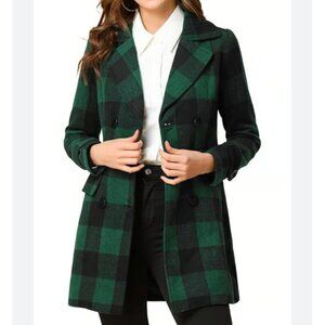 Allegra K Plaid Pea Coat‎ Women's XS Green Black Double Breasted Holiday New